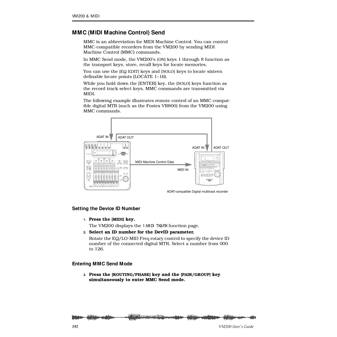 Fostex VM200 manual MMC Midi Machine Control Send, Setting the Device ID Number, Entering MMC Send Mode 