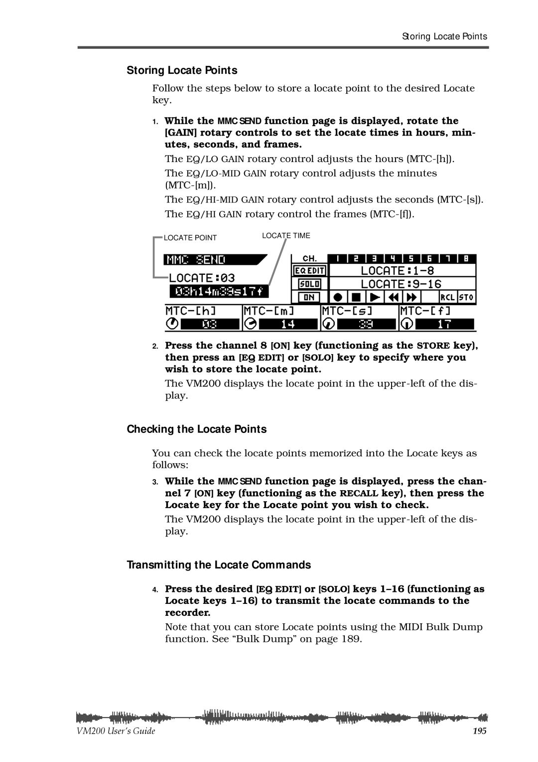 Fostex VM200 manual Storing Locate Points, Checking the Locate Points, Transmitting the Locate Commands 