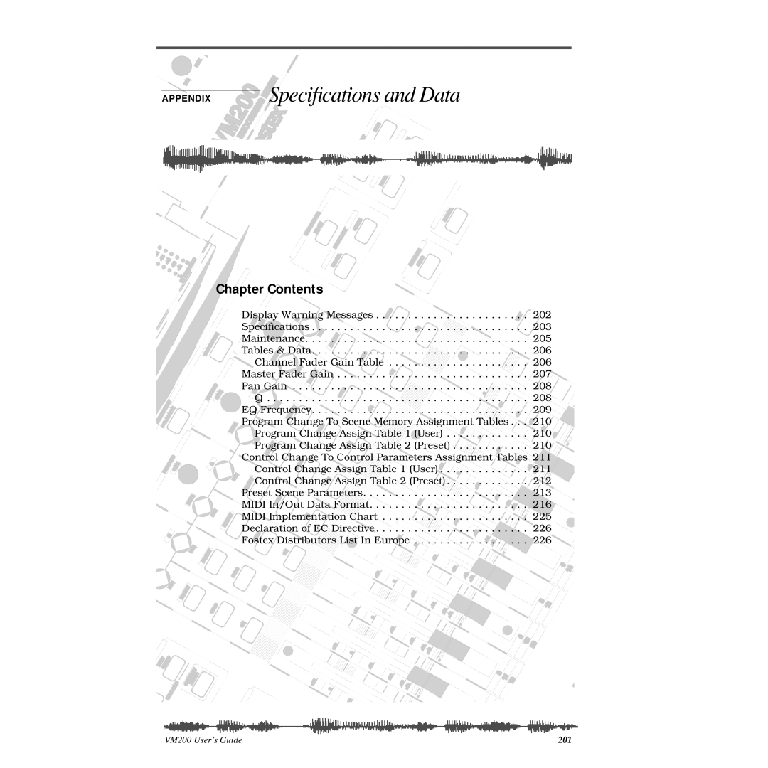 Fostex VM200 manual Data, Chapter C ontents 