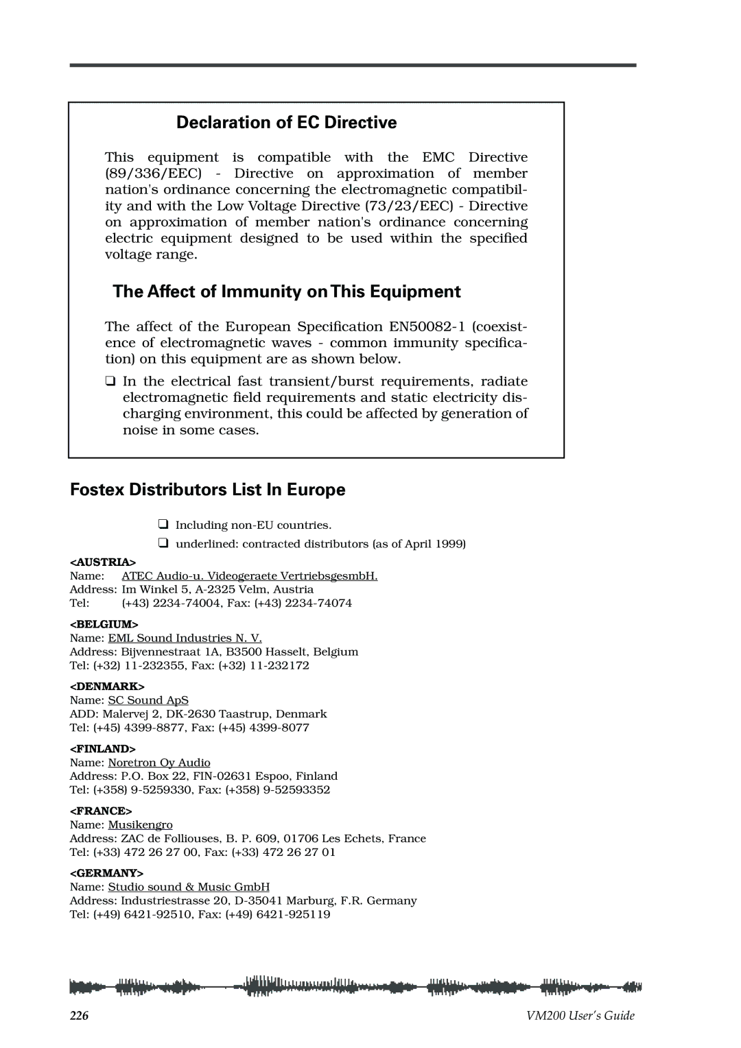 Fostex VM200 manual Declaration of EC Directive, Affect of Immunity on This Equipment, Fostex Distributors List In Europe 