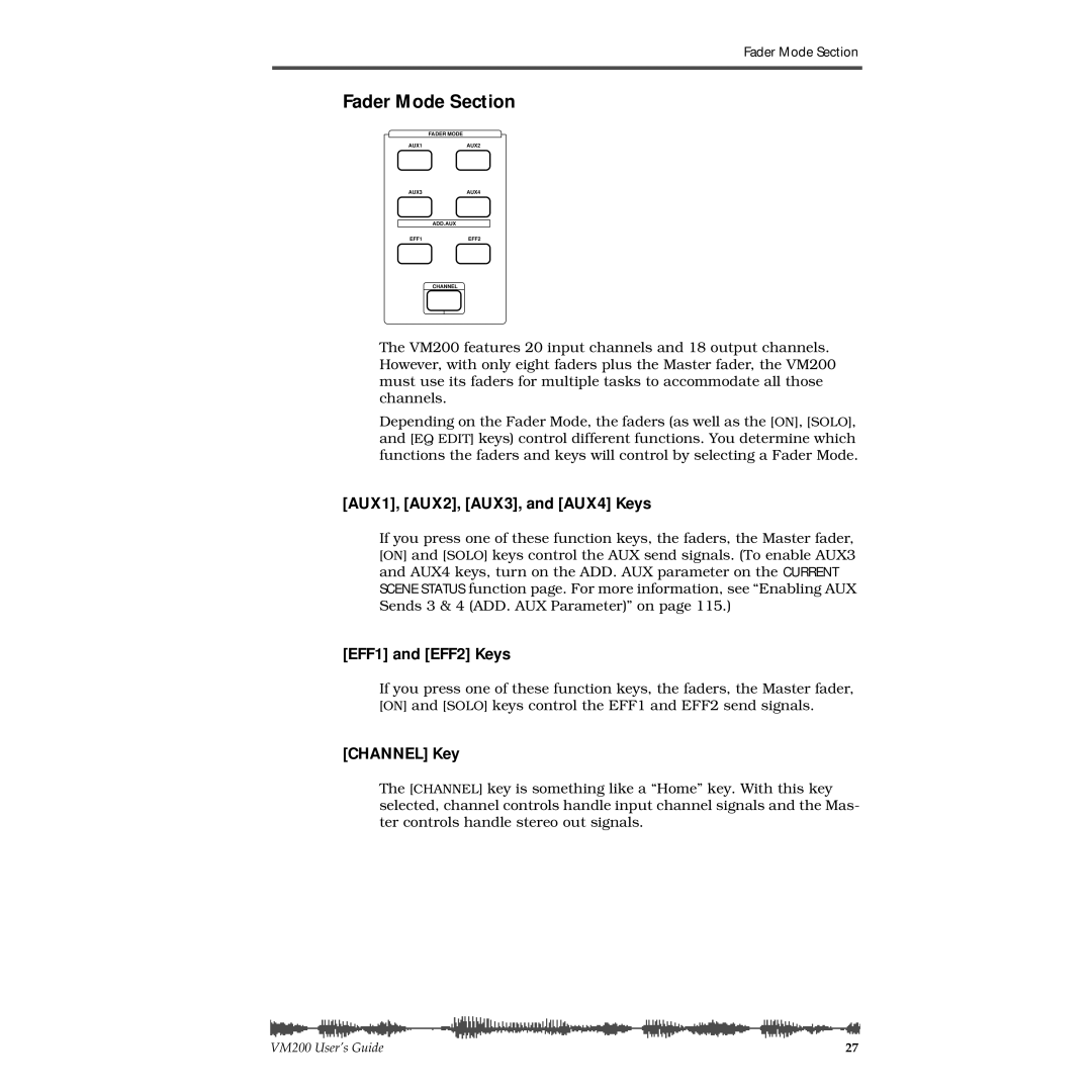 Fostex VM200 manual Fader Mode Section, AUX1, AUX2, AUX3, and AUX4 Keys, EFF1 and EFF2 Keys, Channel Key 