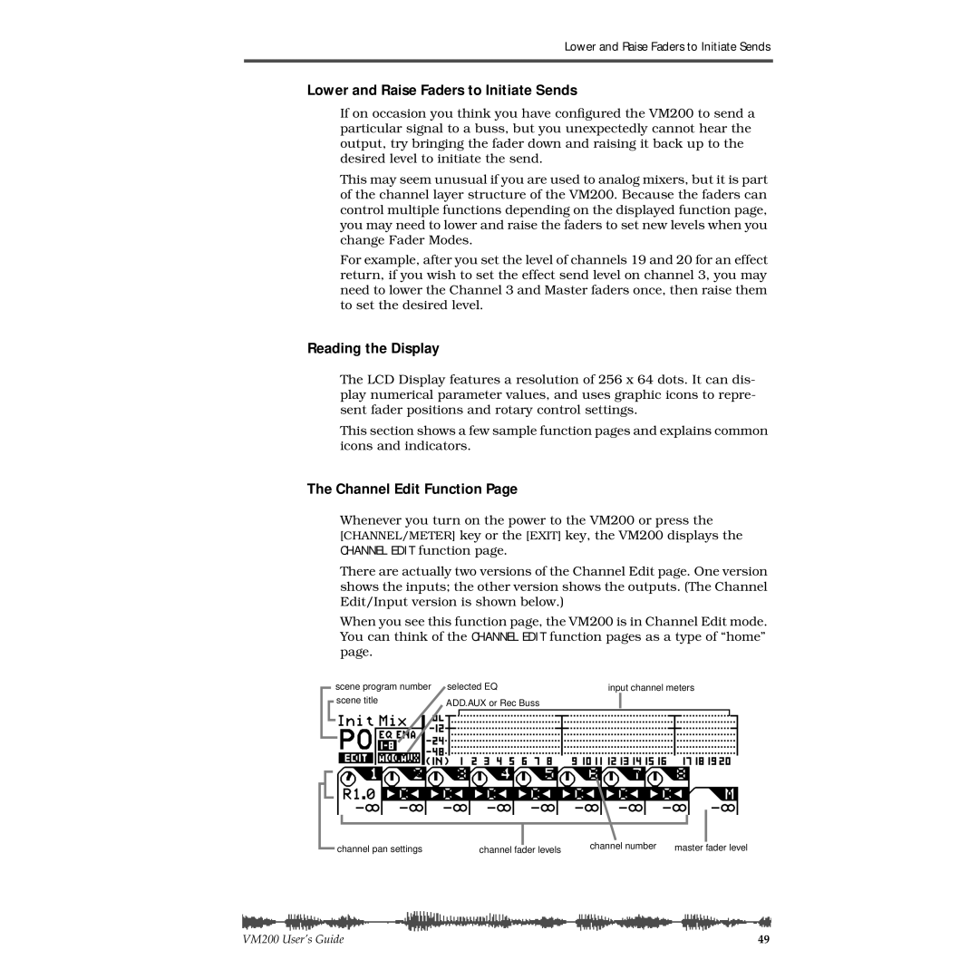 Fostex VM200 manual Lower and Raise Faders to Initiate Sends, Reading the Display, Channel Edit Function 
