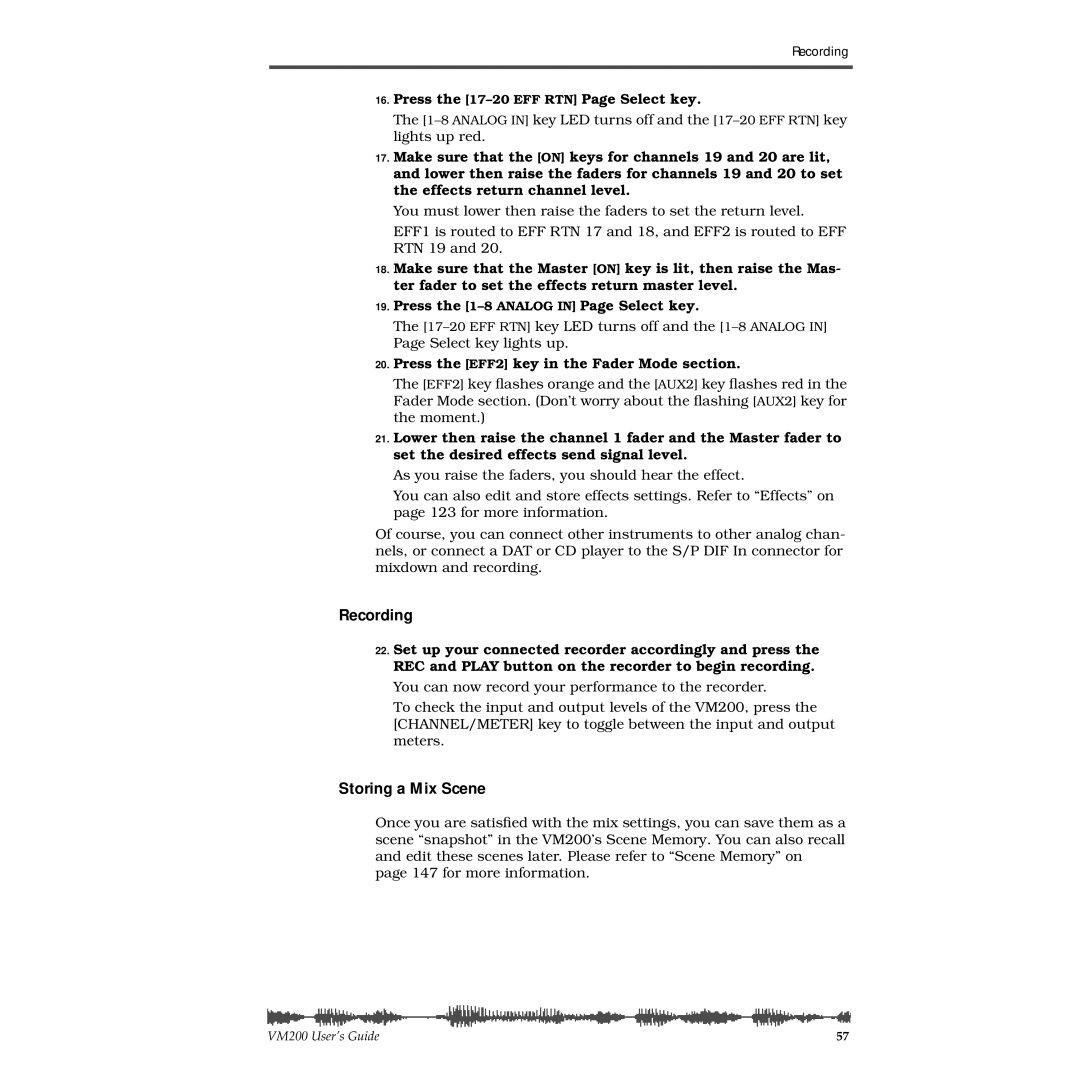 Fostex VM200 manual Recording, Storing a Mix Scene, Press the 17-20 EFF RTN Page Select key 