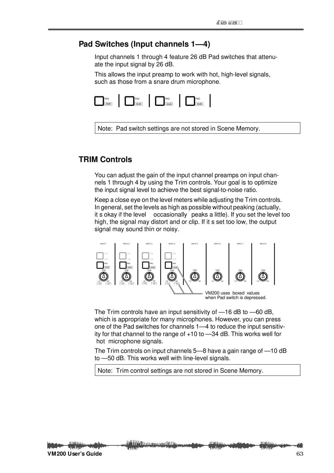 Fostex VM200 manual Pad Switches Input channels, Trim Controls 