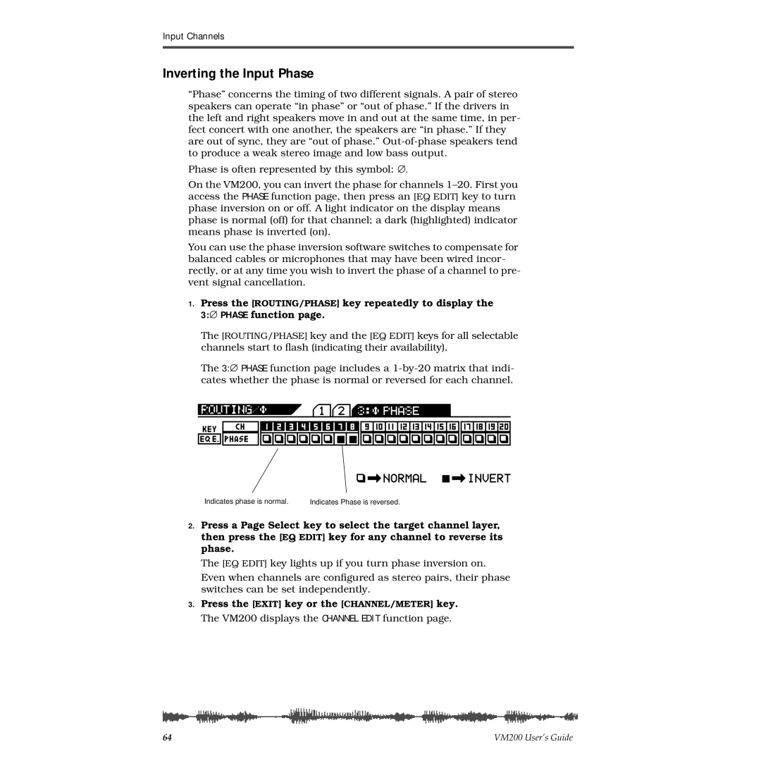Fostex VM200 manual Inverting the Input Phase, Press the Exit key or the CHANNEL/METER key 