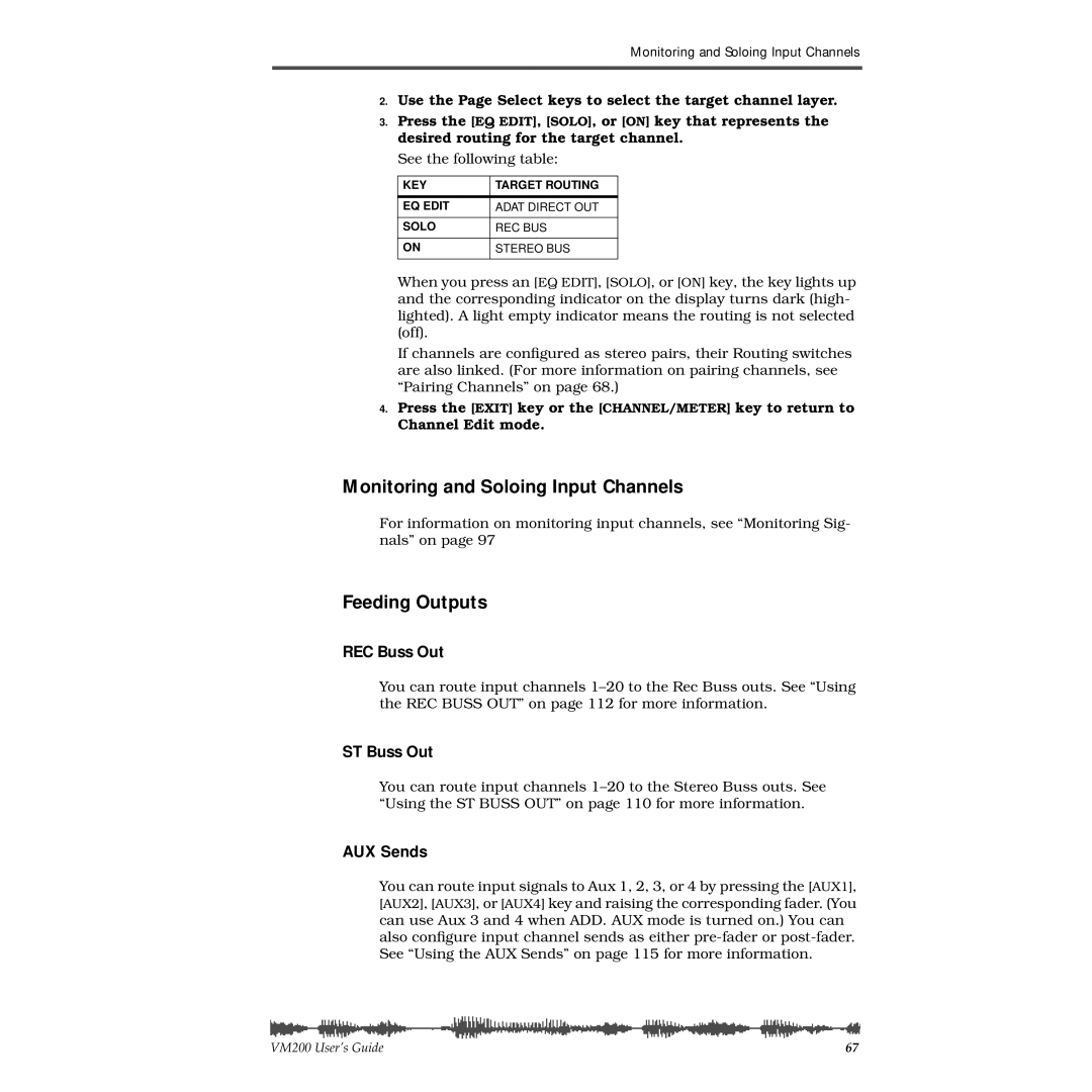 Fostex VM200 manual Monitoring and Soloing Input Channels, Feeding Outputs, REC Buss Out, ST Buss Out, AUX Sends 