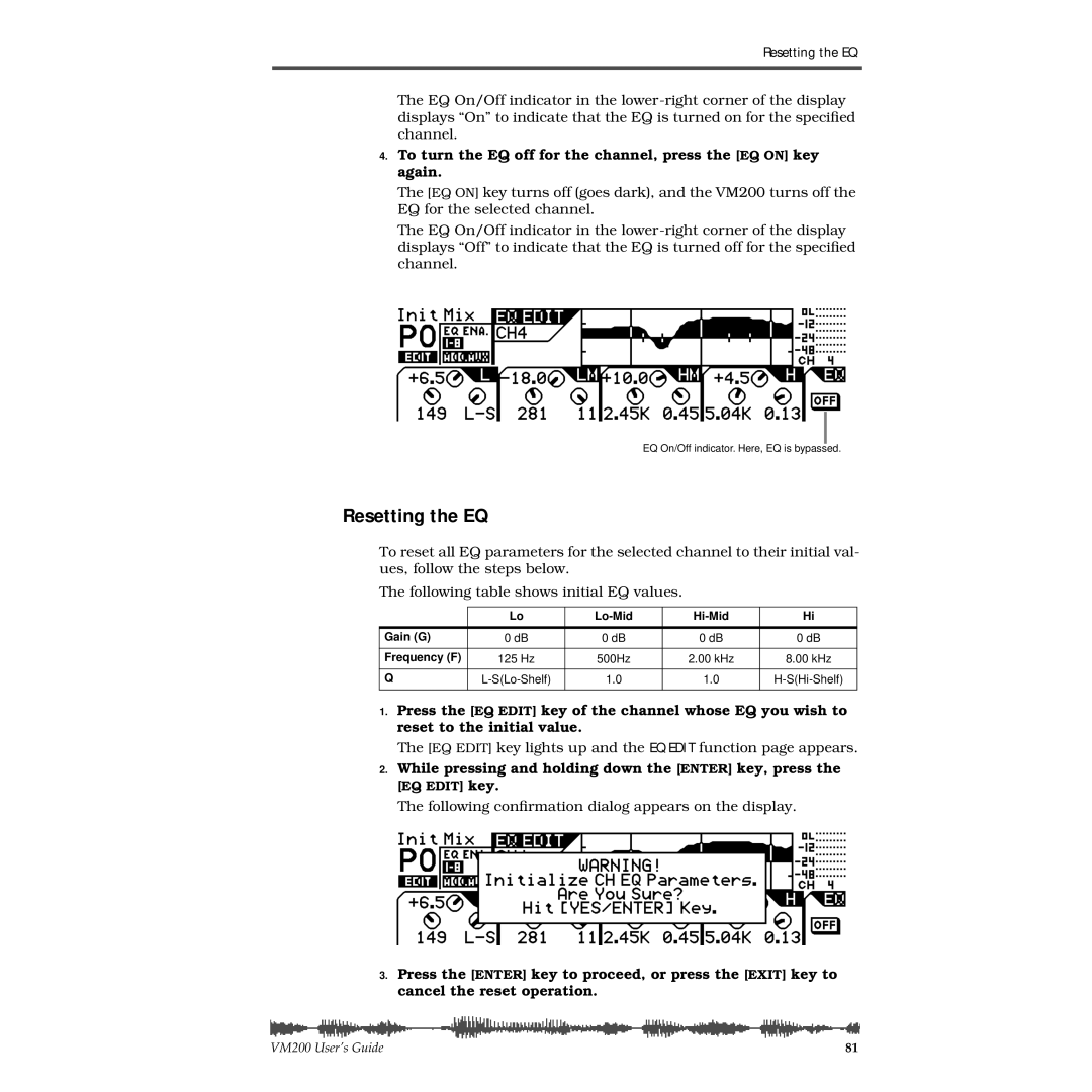 Fostex VM200 manual Resetting the EQ, While pressing and holding down the Enter key, press 