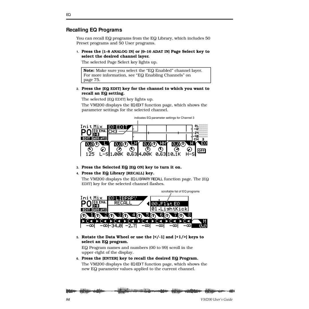 Fostex VM200 manual Recalling EQ Programs, Press the Enter key to recall the desired EQ Program 