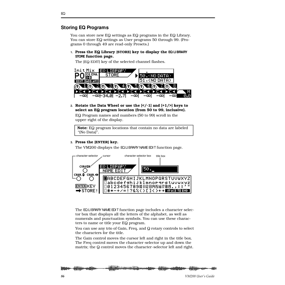 Fostex VM200 manual Storing EQ Programs, Press the Enter key 