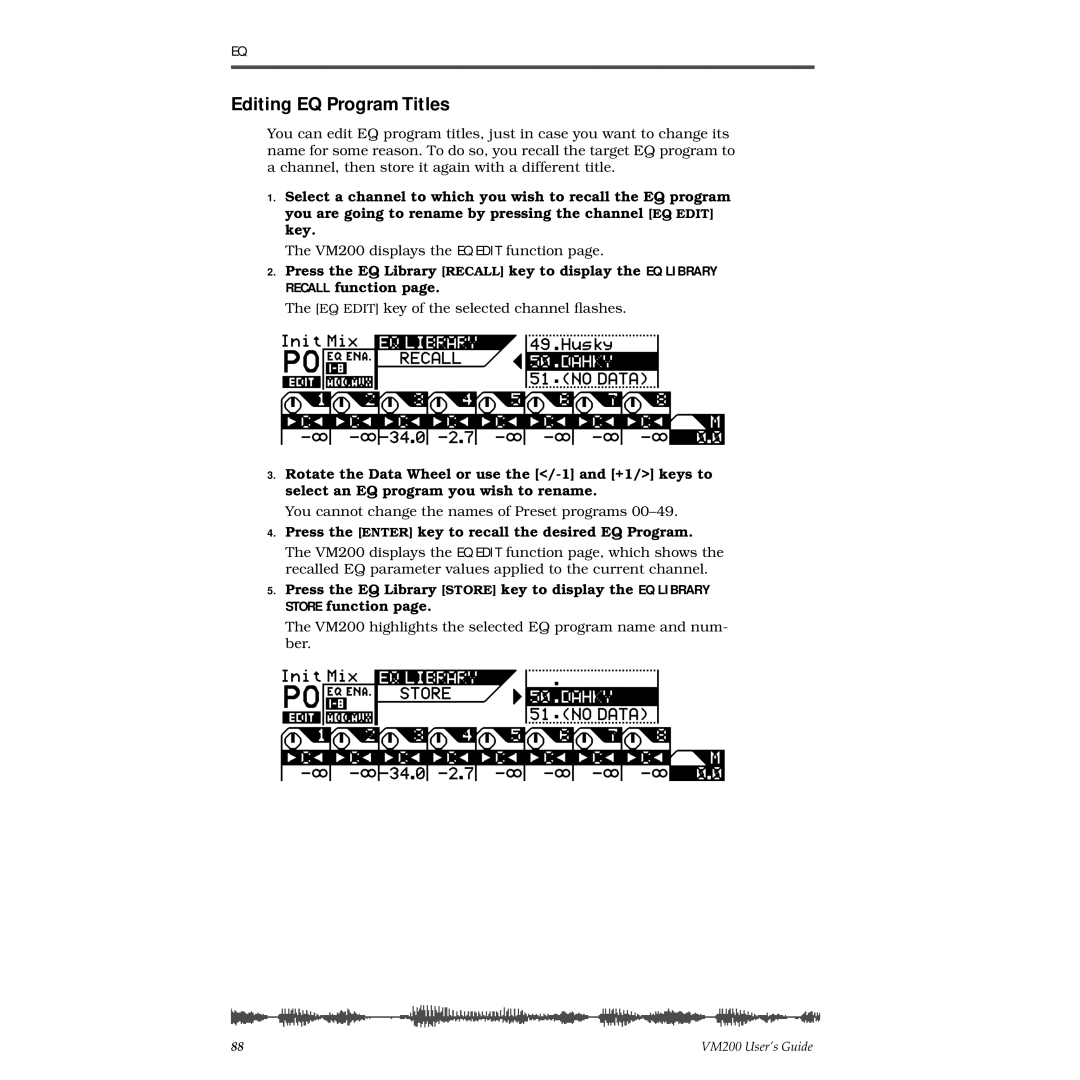 Fostex VM200 manual Editing EQ Program Titles, Press the Enter key to recall the desired EQ Program 