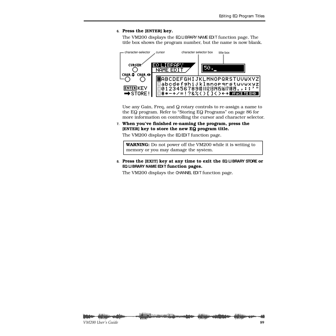 Fostex VM200 manual EQ Library Name Edit function pages 