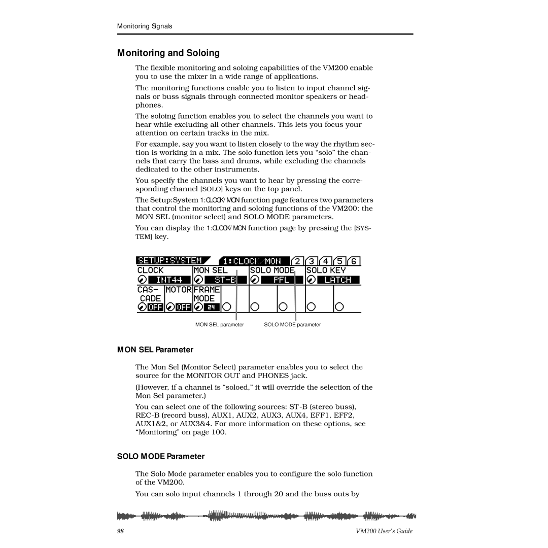 Fostex VM200 manual Monitoring and Soloing, MON SEL Parameter, Solo Mode Parameter 