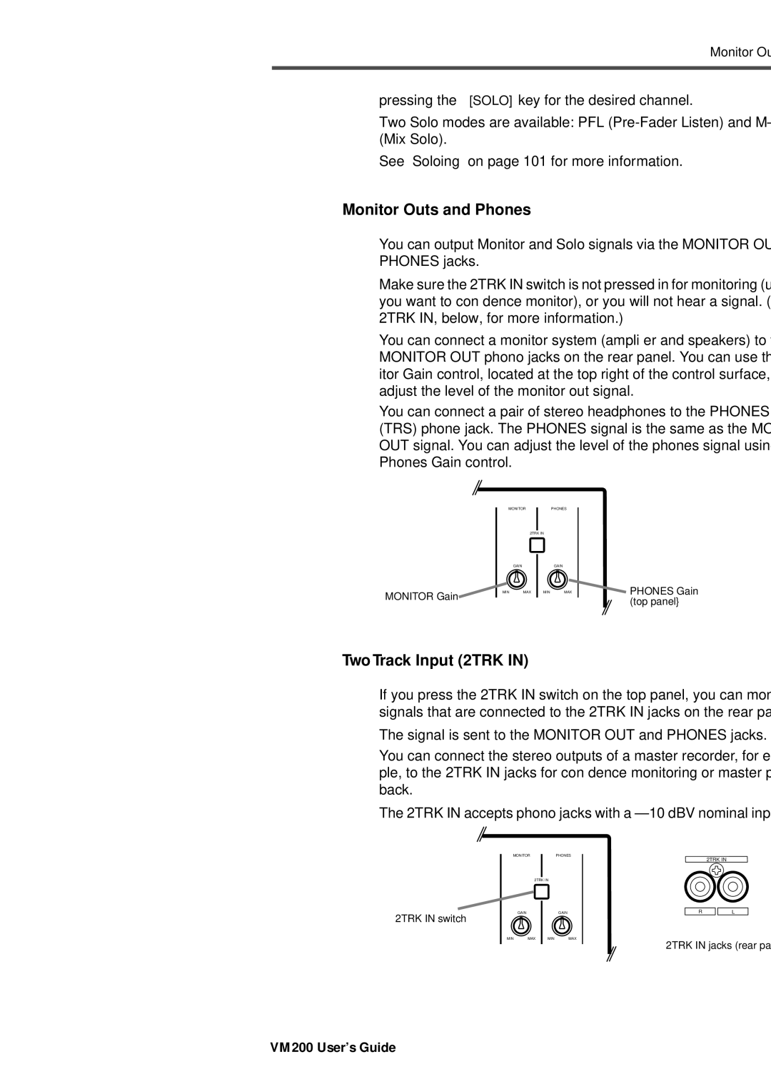 Fostex VM200 manual Monitor Outs and Phones, Two Track Input 2TRK 