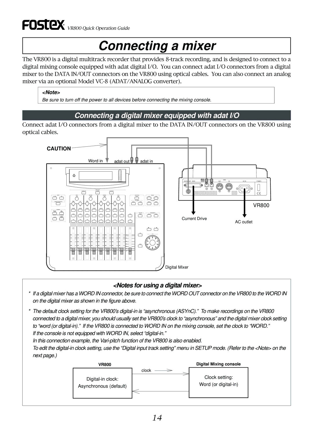 Fostex VR800 owner manual Connecting a mixer, Connecting a digital mixer equipped with adat I/O 