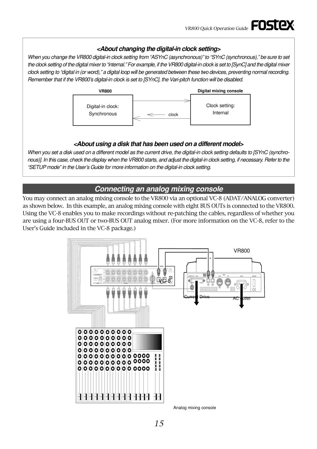 Fostex VR800 owner manual Connecting an analog mixing console, About changing the digital-in clock setting 