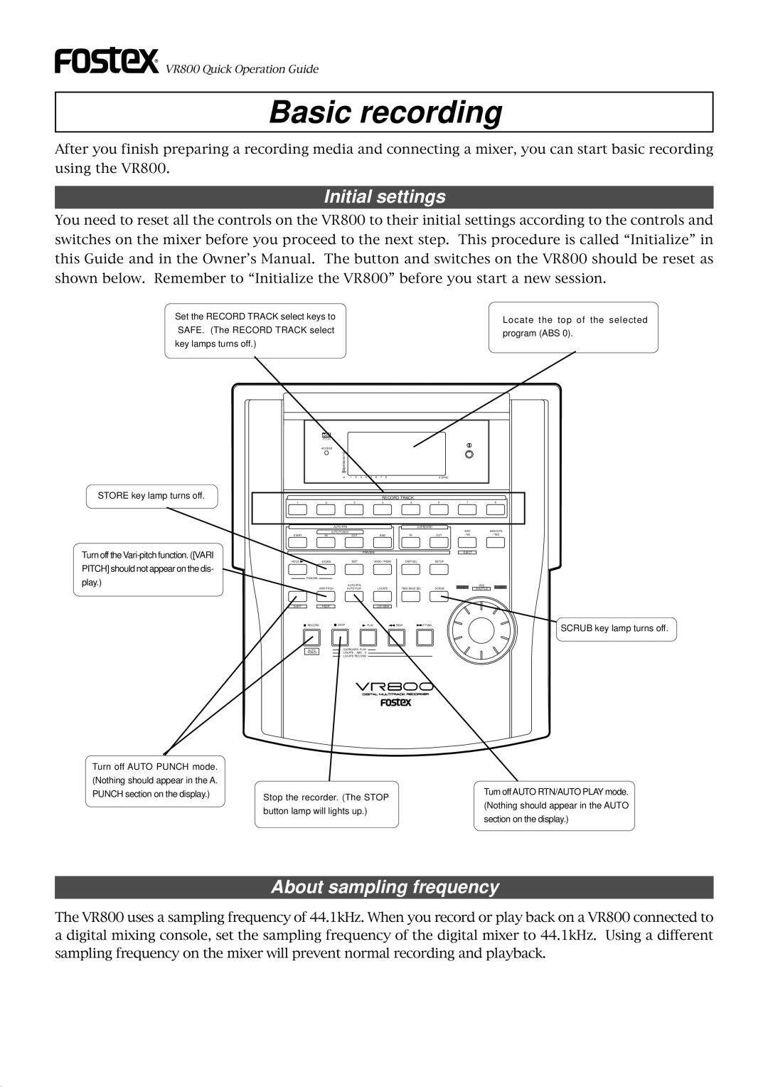 Fostex VR800 owner manual Basic recording, Initial settings, About sampling frequency 