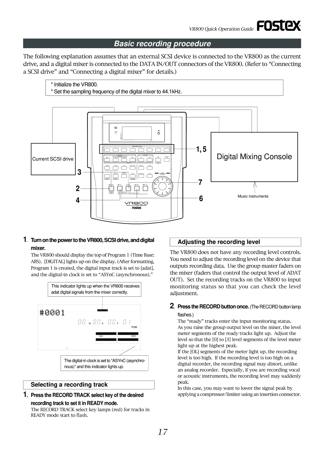 Fostex VR800 owner manual Basic recording procedure, Mixer, Press the Record button once. The Record button lamp 