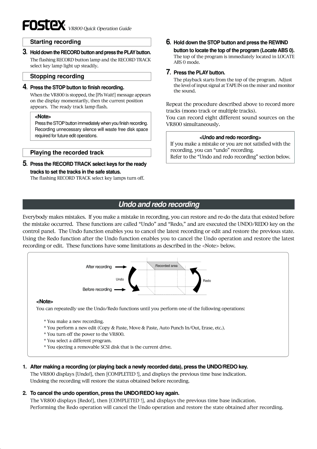 Fostex VR800 owner manual Undo and redo recording, Press the Stop button to finish recording, Press the Play button 