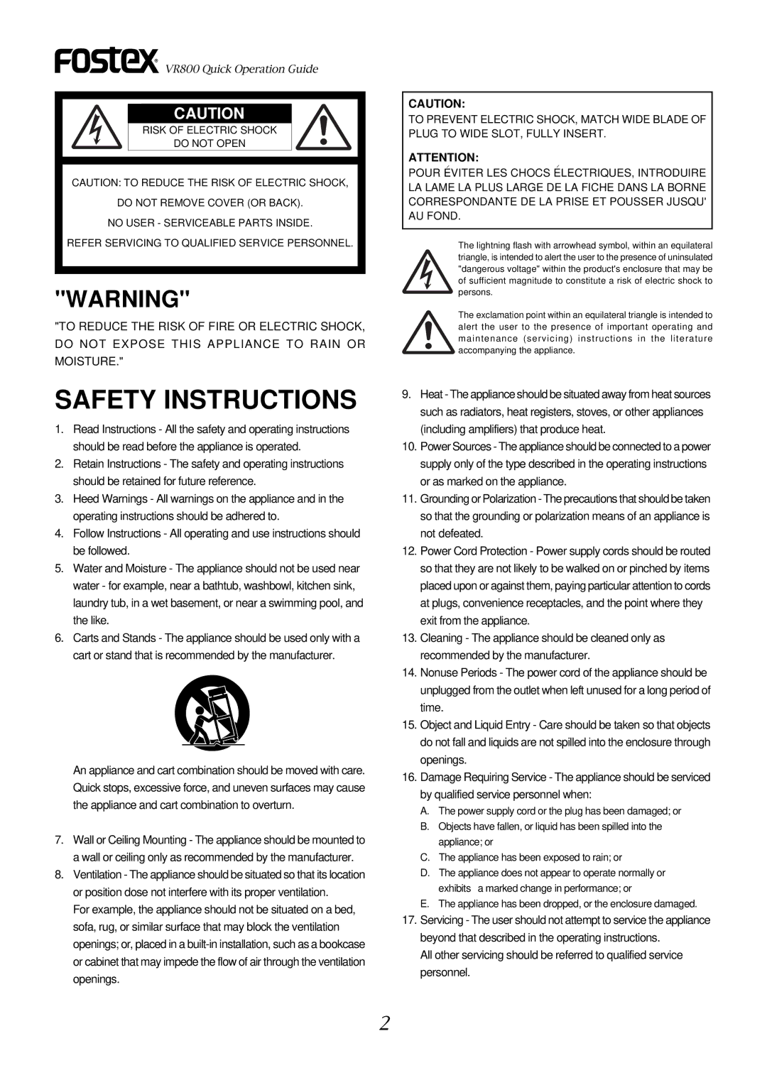 Fostex VR800 owner manual Safety Instructions 