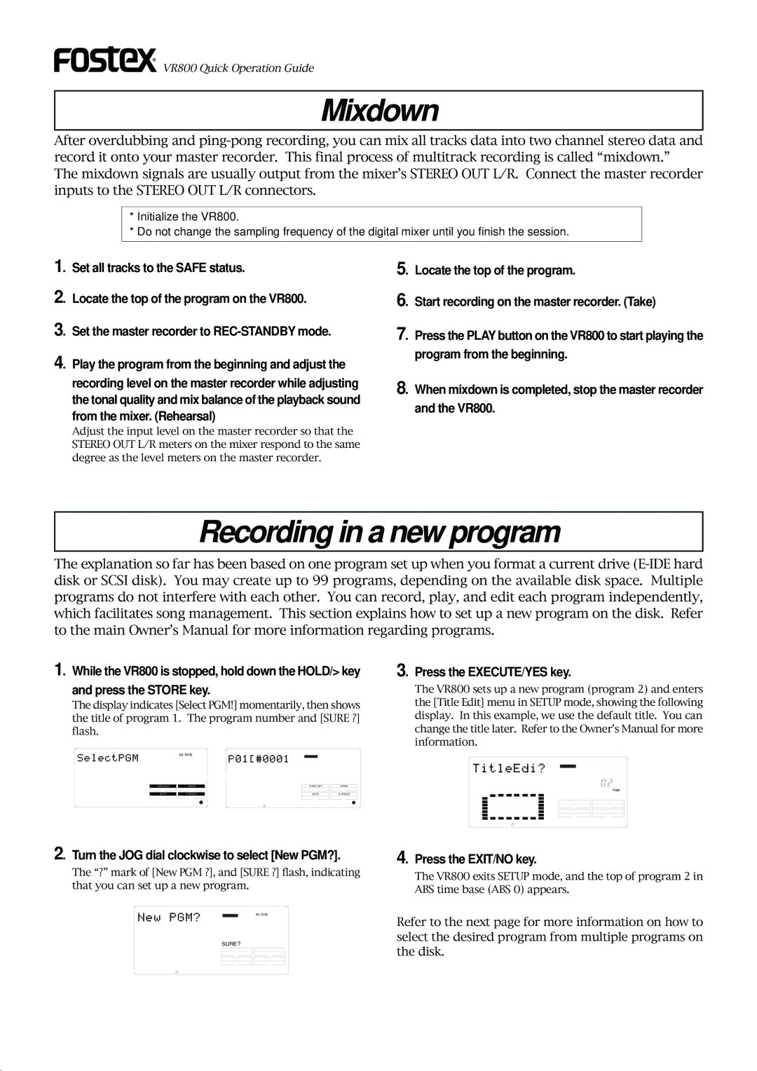 Fostex VR800 owner manual Mixdown, Recording in a new program 