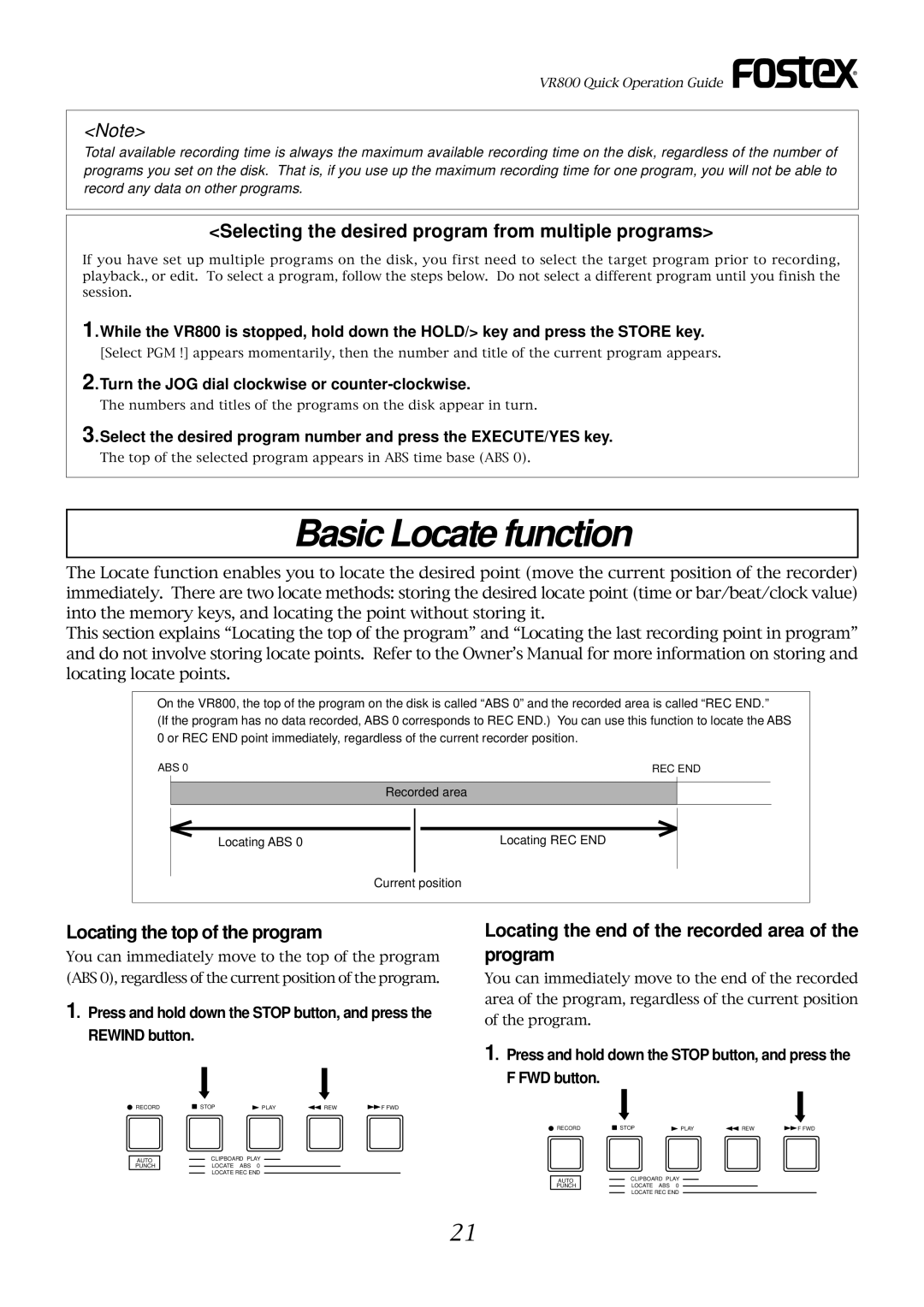 Fostex VR800 Basic Locate function, Selecting the desired program from multiple programs, Locating the top of the program 