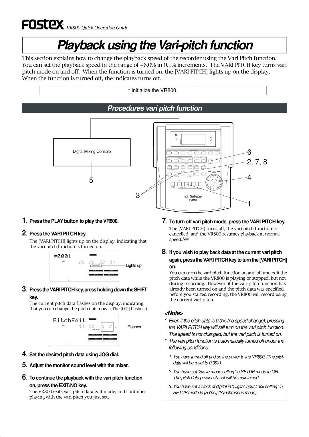 Fostex VR800 owner manual Playback using the Vari-pitch function, Procedures vari pitch function, Key 