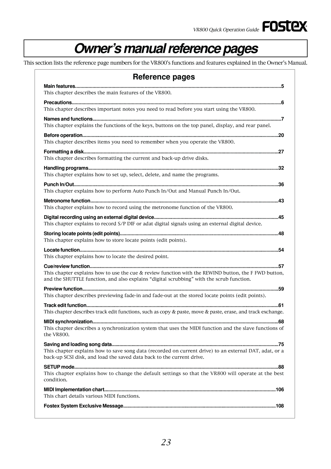 Fostex VR800 owner manual Reference pages 