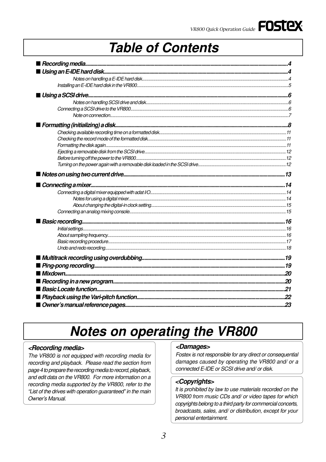 Fostex VR800 owner manual Table of Contents 