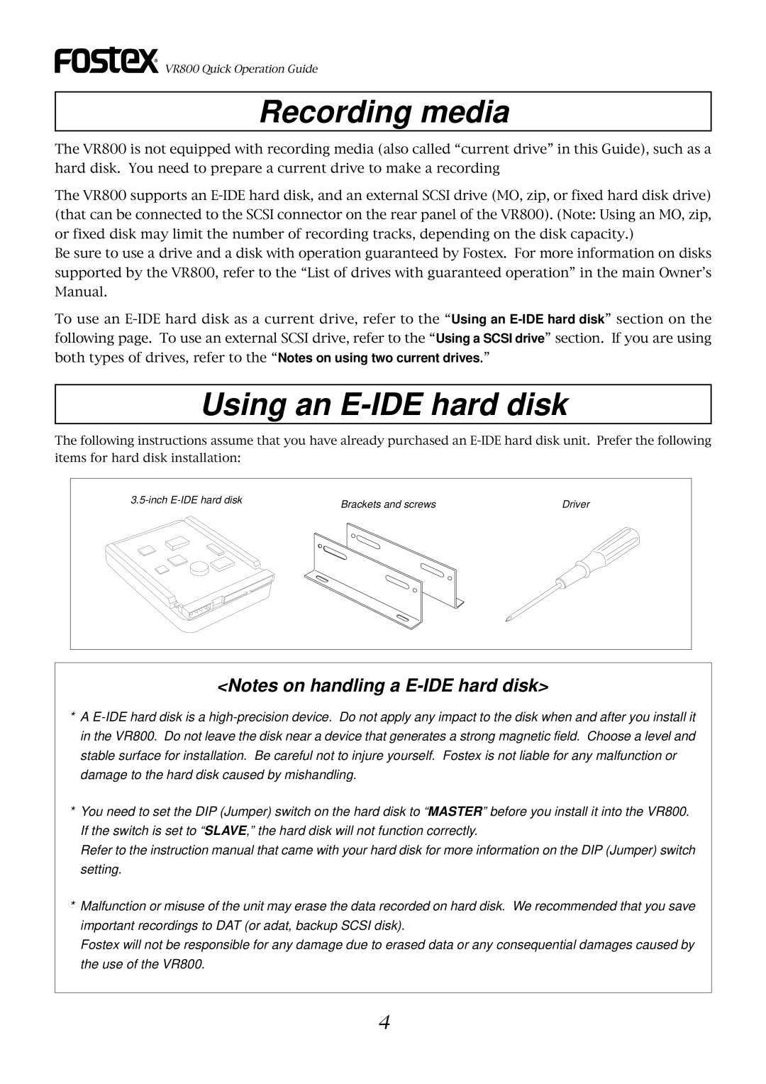 Fostex VR800 owner manual Recording media, Using an E-IDE hard disk 