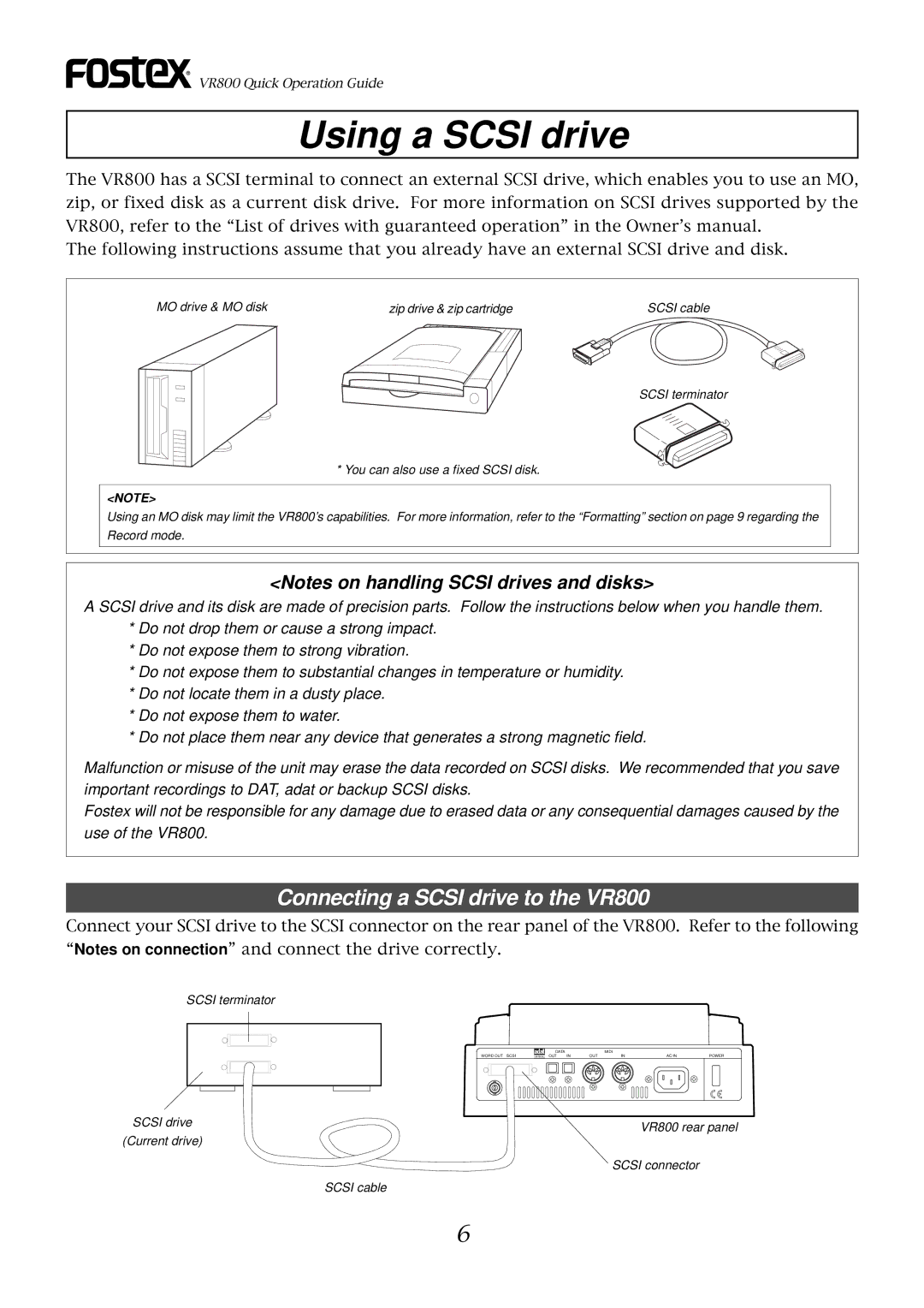 Fostex owner manual Using a Scsi drive, Connecting a Scsi drive to the VR800 