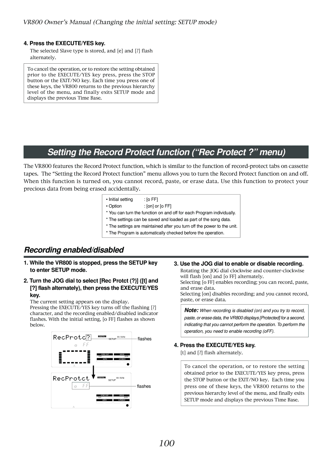 Fostex VR800 owner manual Setting the Record Protect function Rec Protect ? menu, Recording enabled/disabled, 100 