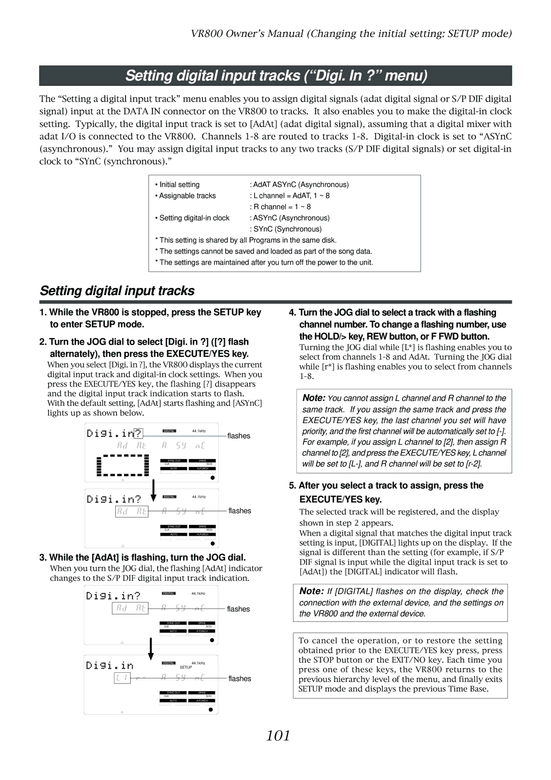 Fostex VR800 owner manual Setting digital input tracks Digi. In ? menu, 101 