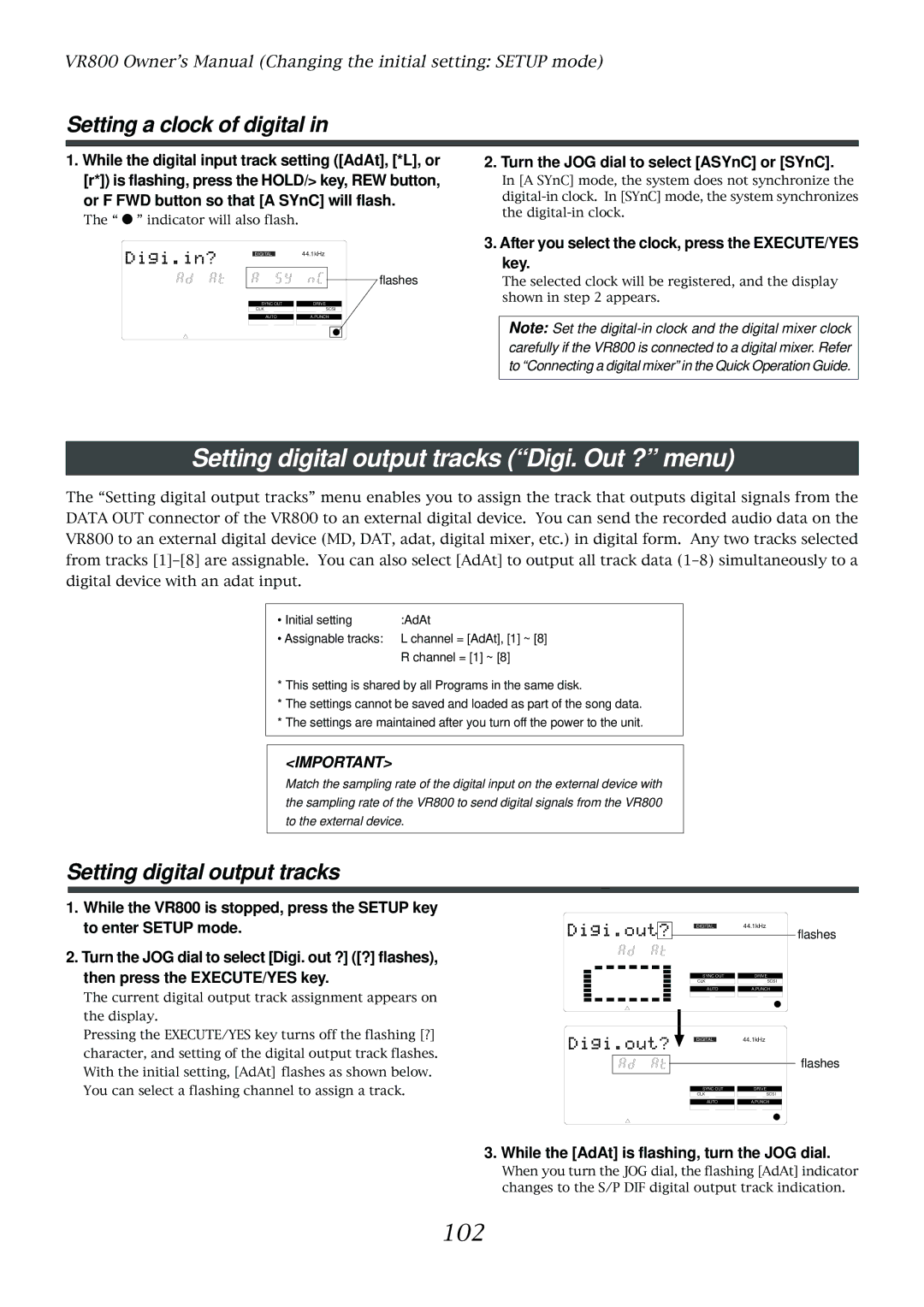 Fostex VR800 owner manual Setting digital output tracks Digi. Out ? menu, Setting a clock of digital, 102 