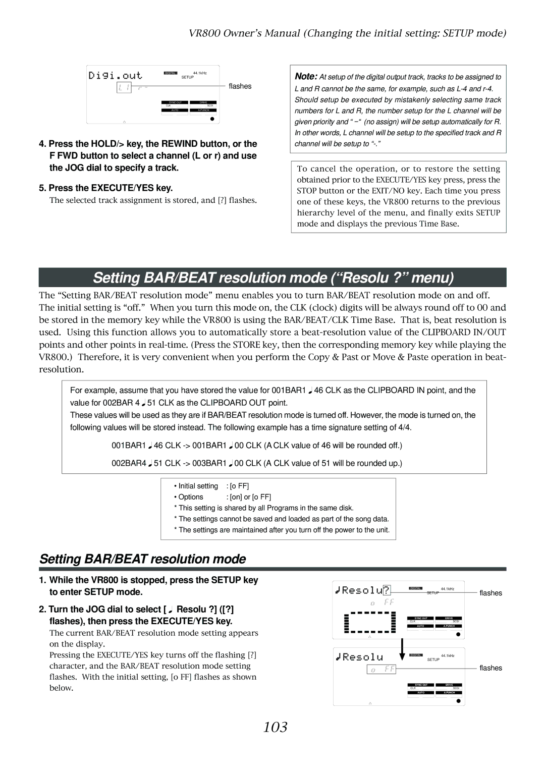 Fostex VR800 owner manual Setting BAR/BEAT resolution mode Resolu ? menu, 103 