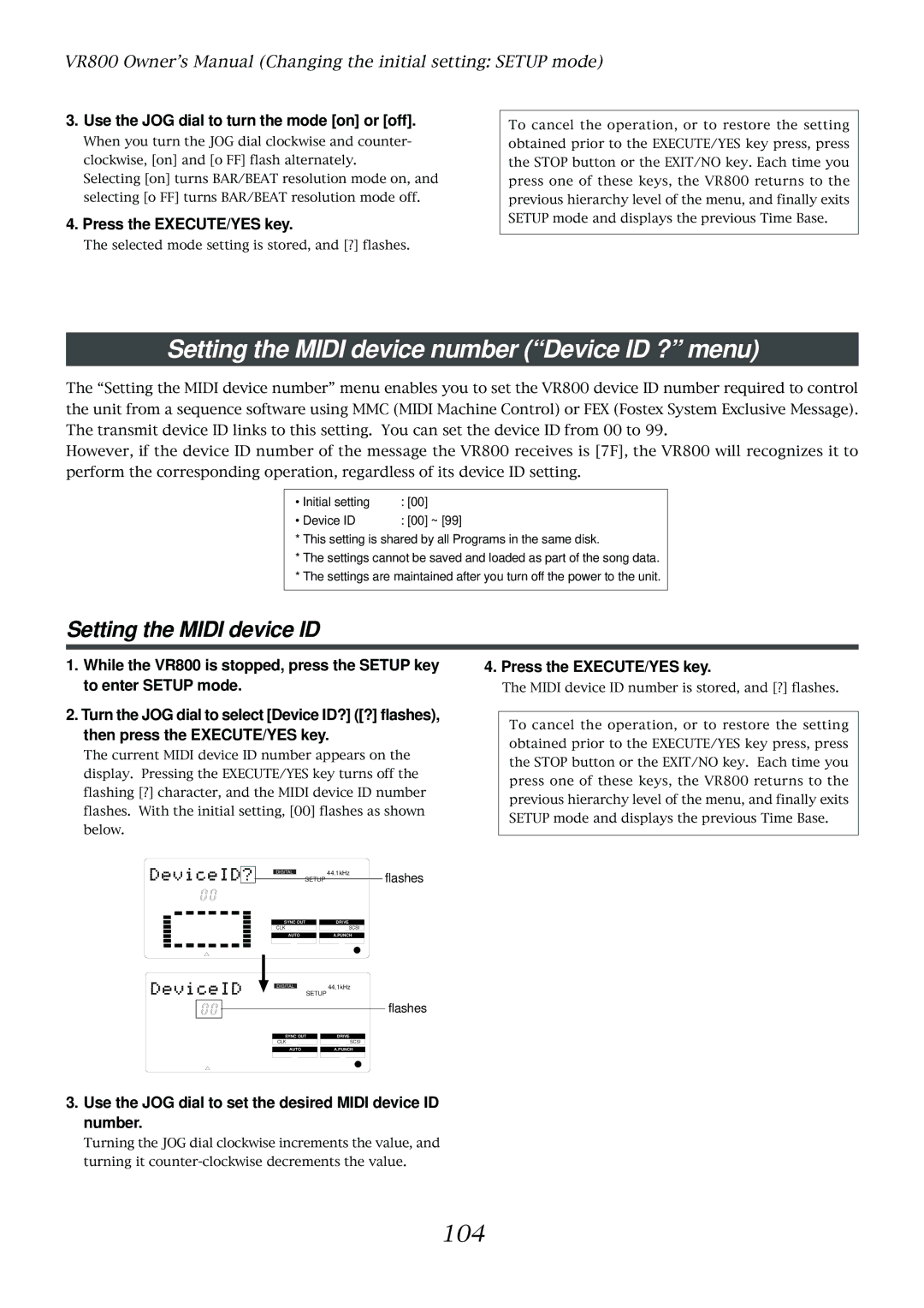 Fostex VR800 owner manual Setting the Midi device number Device ID ? menu, Setting the Midi device ID, 104 