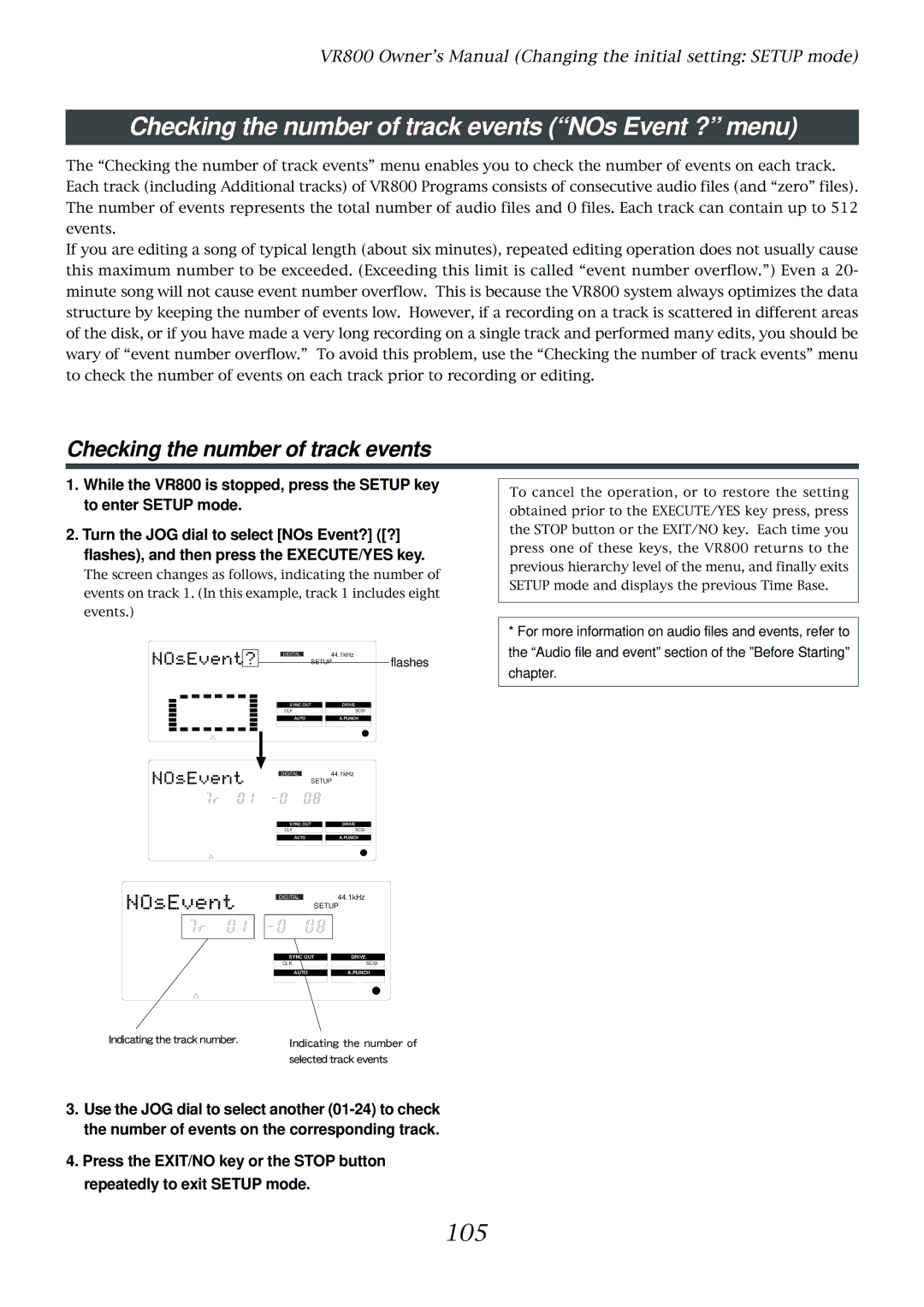 Fostex VR800 owner manual Checking the number of track events NOs Event ? menu, 105 