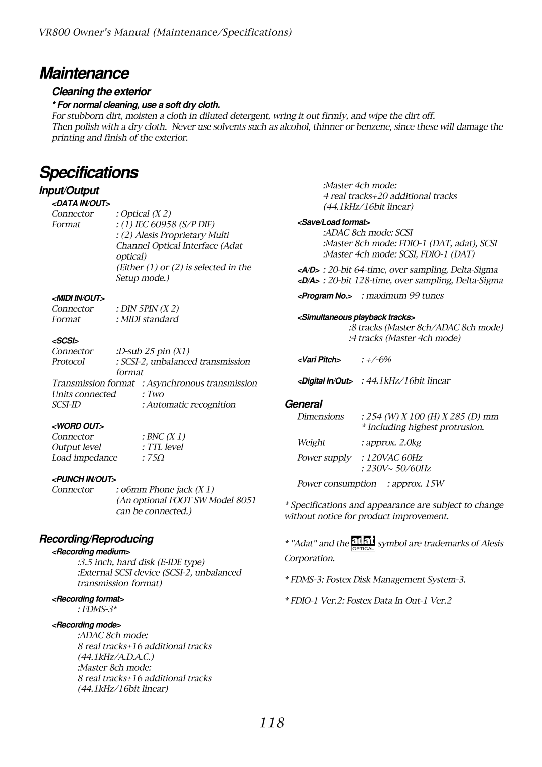 Fostex VR800 owner manual Maintenance, 118 