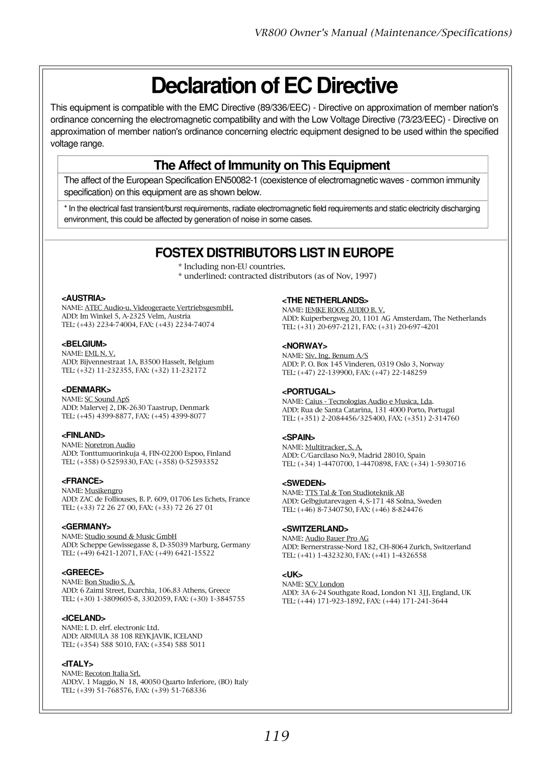 Fostex VR800 owner manual Declaration of EC Directive, 119 