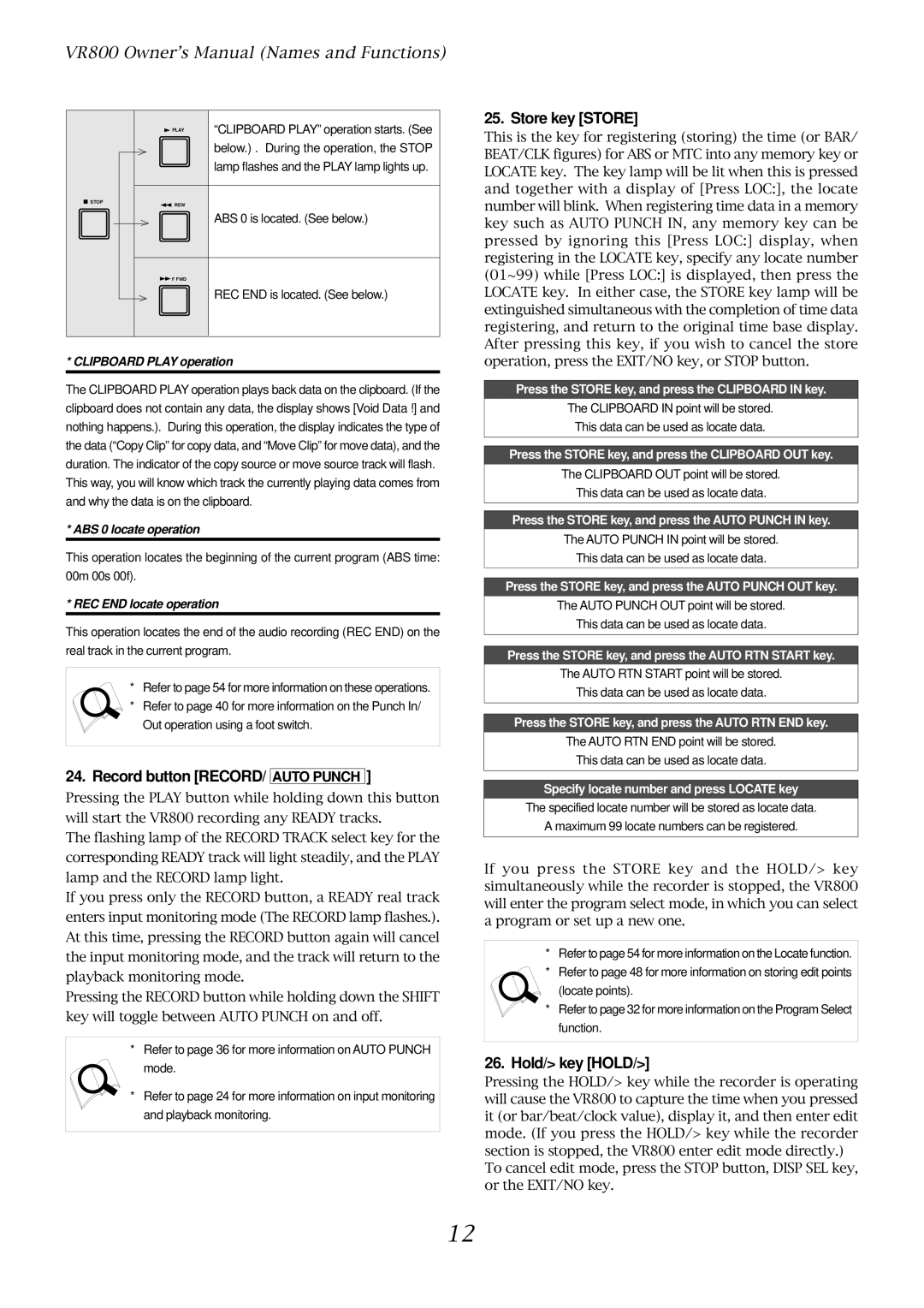 Fostex VR800 owner manual Record button RECORD/ Auto Punch, Store key Store, Hold/ key Hold 