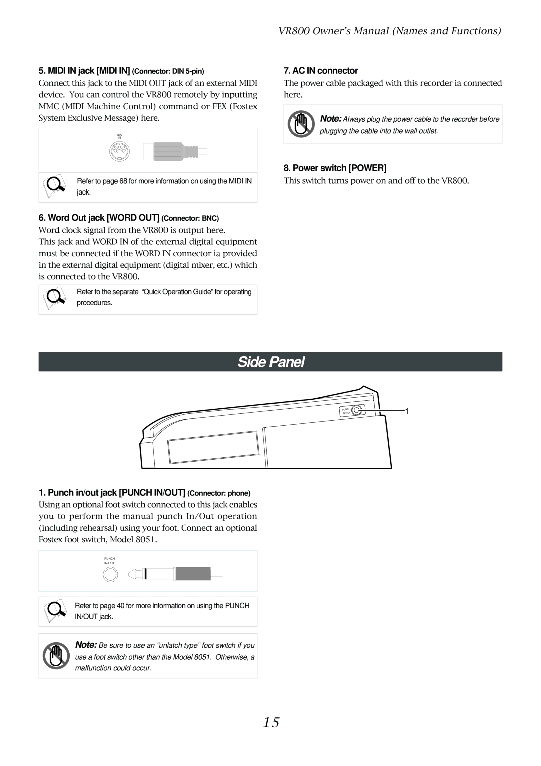 Fostex VR800 owner manual Side Panel 