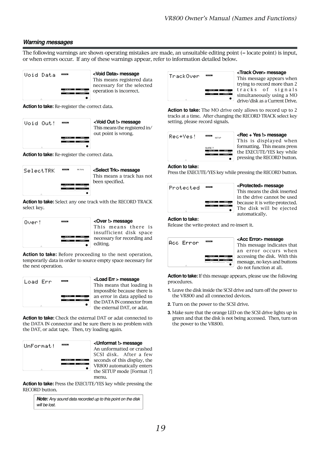 Fostex VR800 owner manual Load Err message, Unformat ! message, Action to take, Protected message, Acc Error message 