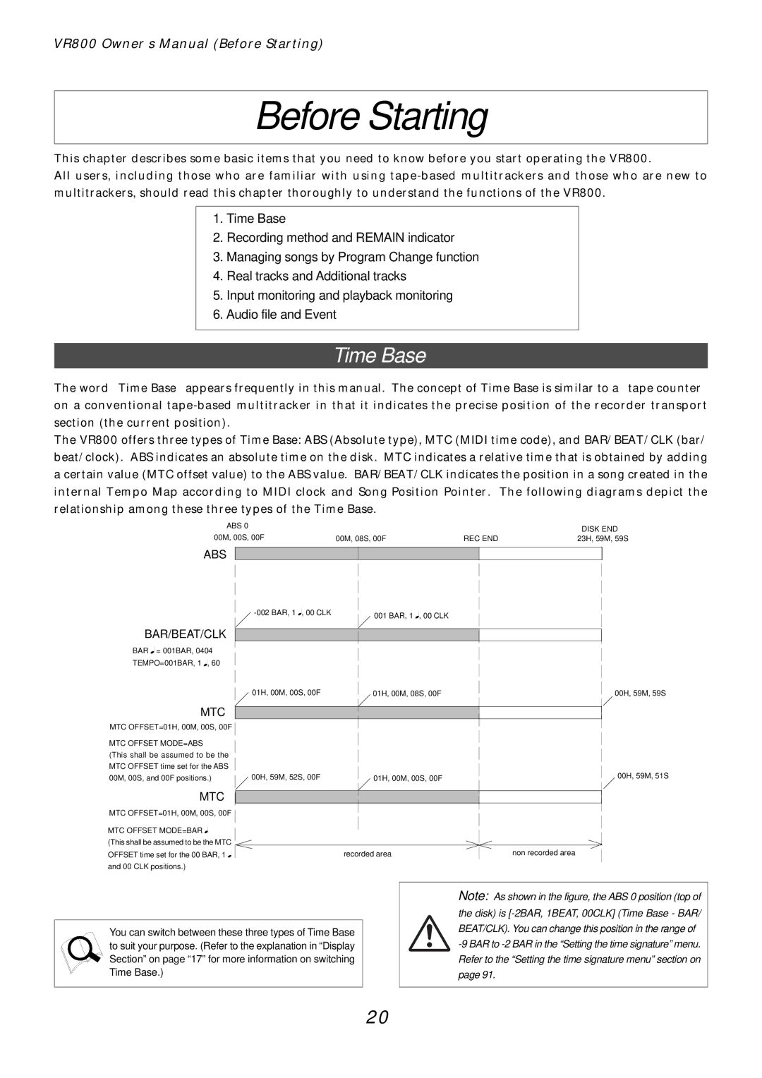 Fostex VR800 owner manual Before Starting, Time Base 