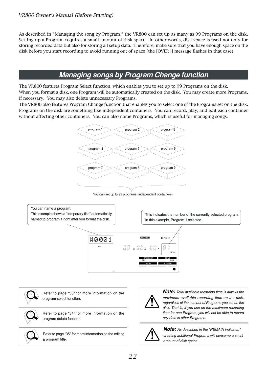 Fostex VR800 owner manual Managing songs by Program Change function, You can name a program 