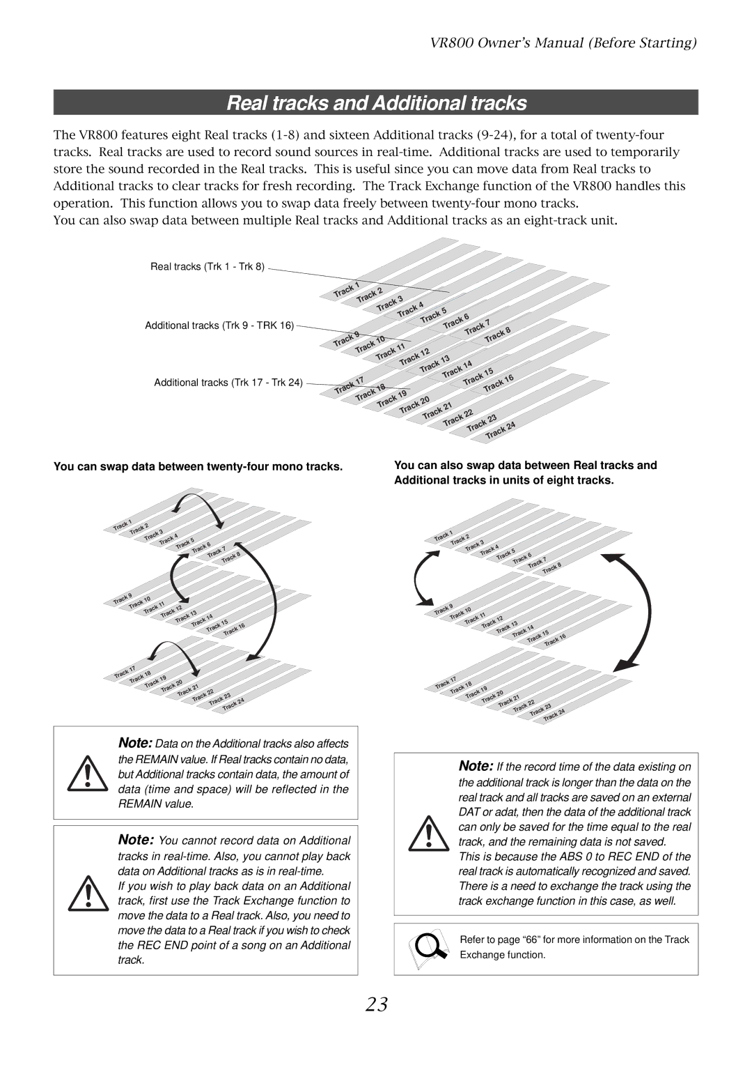 Fostex VR800 owner manual Real tracks and Additional tracks, You can swap data between twenty-four mono tracks 