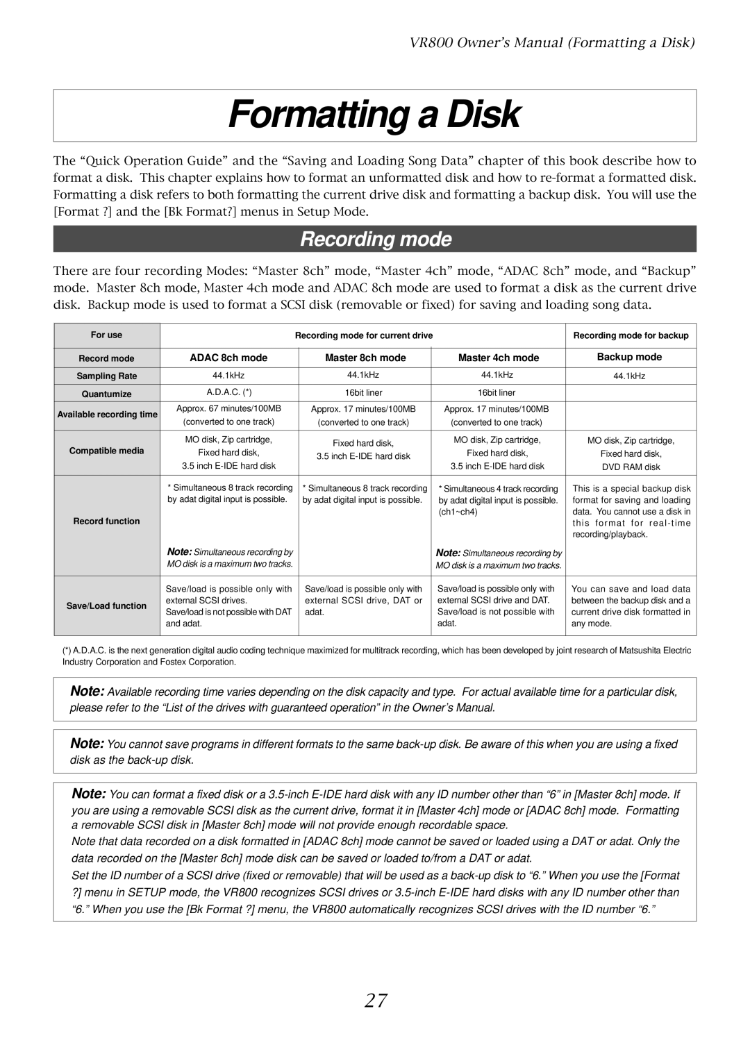 Fostex VR800 owner manual Formatting a Disk, Recording mode 