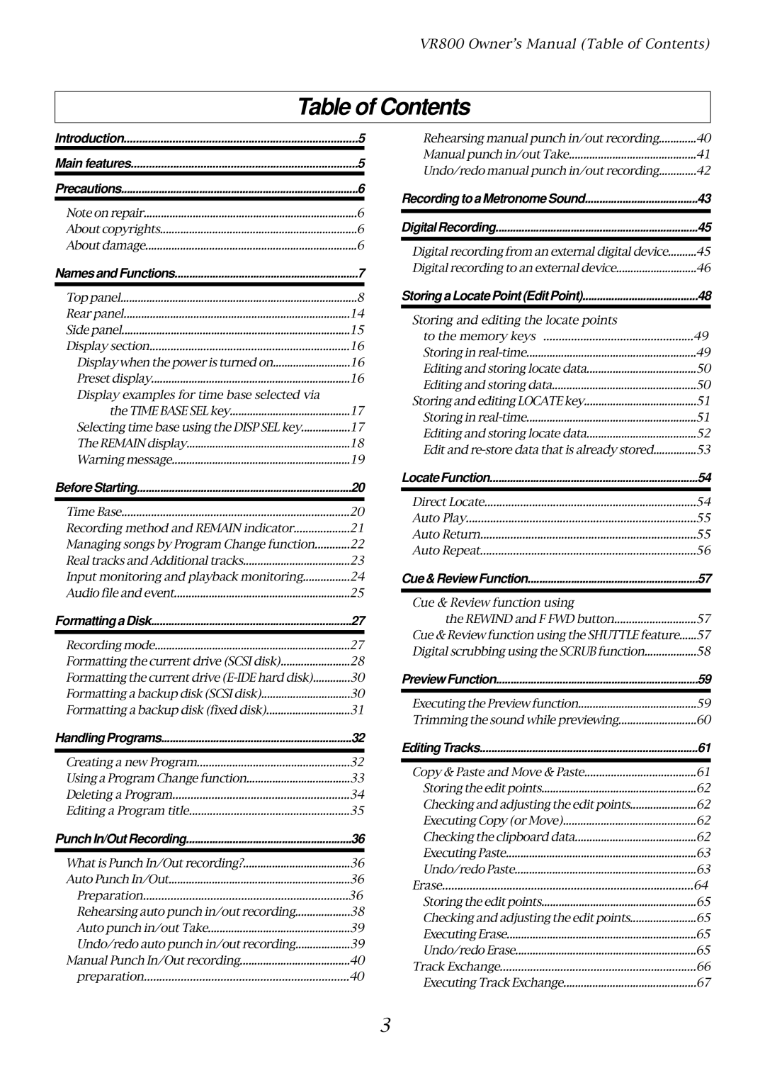 Fostex VR800 owner manual Table of Contents 