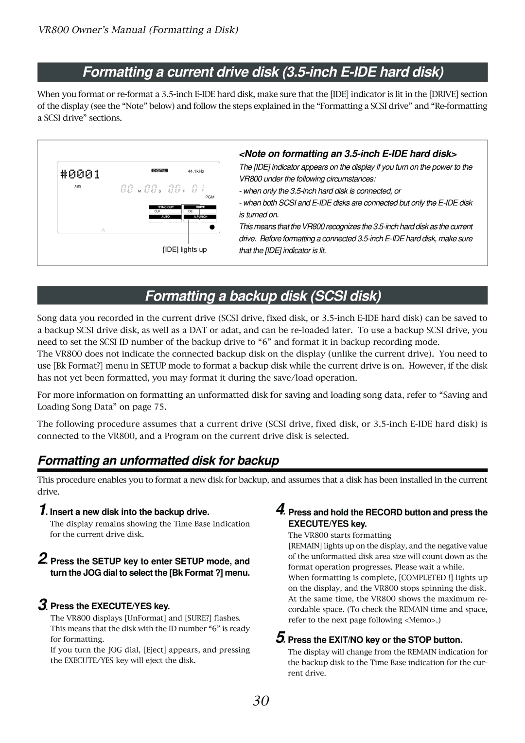 Fostex VR800 owner manual Formatting a current drive disk 3.5-inch E-IDE hard disk, Formatting a backup disk Scsi disk 