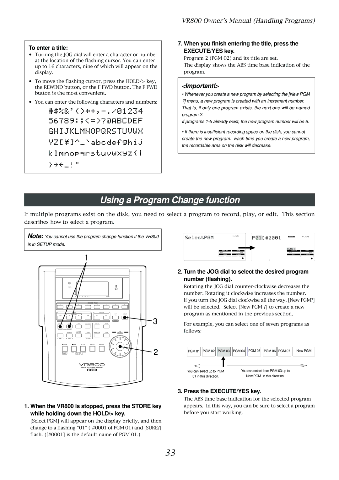 Fostex VR800 owner manual Using a Program Change function, To enter a title 