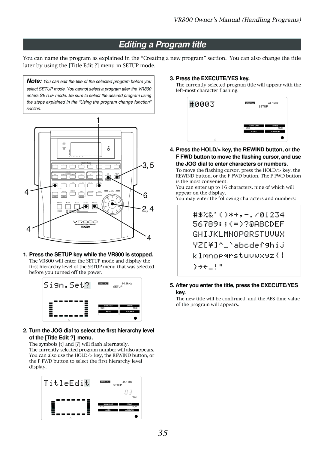 Fostex VR800 owner manual Editing a Program title, JOG dial to enter characters or numbers 