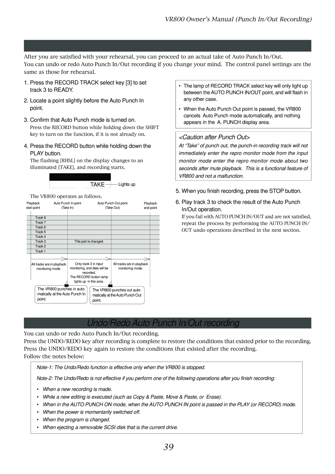 Fostex VR800 owner manual Auto Punch In/Out Take, Undo/Redo Auto Punch In/Out recording 